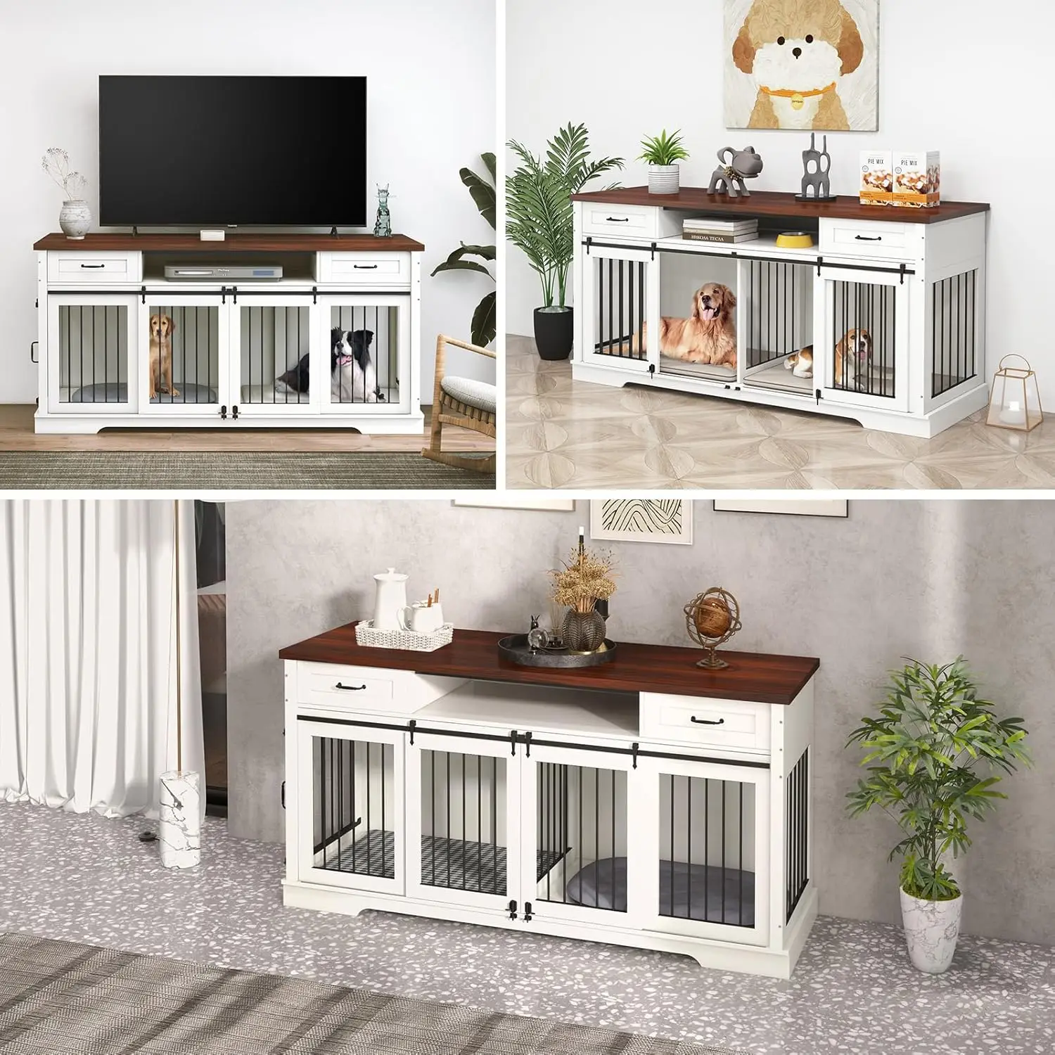 Meuble de caisse en bois pour 2 chiens, chenil d'intérieur extra large de 71 pouces avec perfecSync der, caisse de ferme robuste