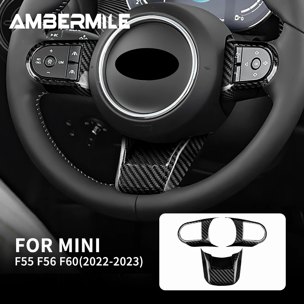 For Mini Cooper F55 F56 F60 2022 2023 Car Steering Wheel Button Cover Sticker Panel Real Carbon Fiber Interior Auto Accessories