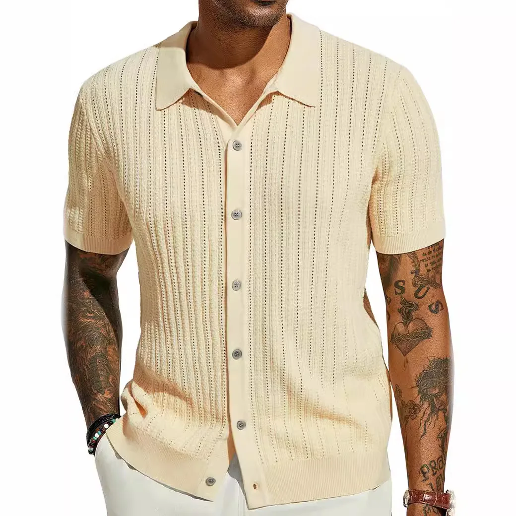 

European and American men's casual tops summer cool knitted men's shirts short sleeves lapel solid color hollow men's clothing