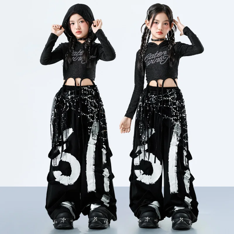 

Jazz Dance Costume Girl Kpop Show Stage Outfit Black Top Hoodie Black Hip Hop Trousers Children School Performance Clothes 4973