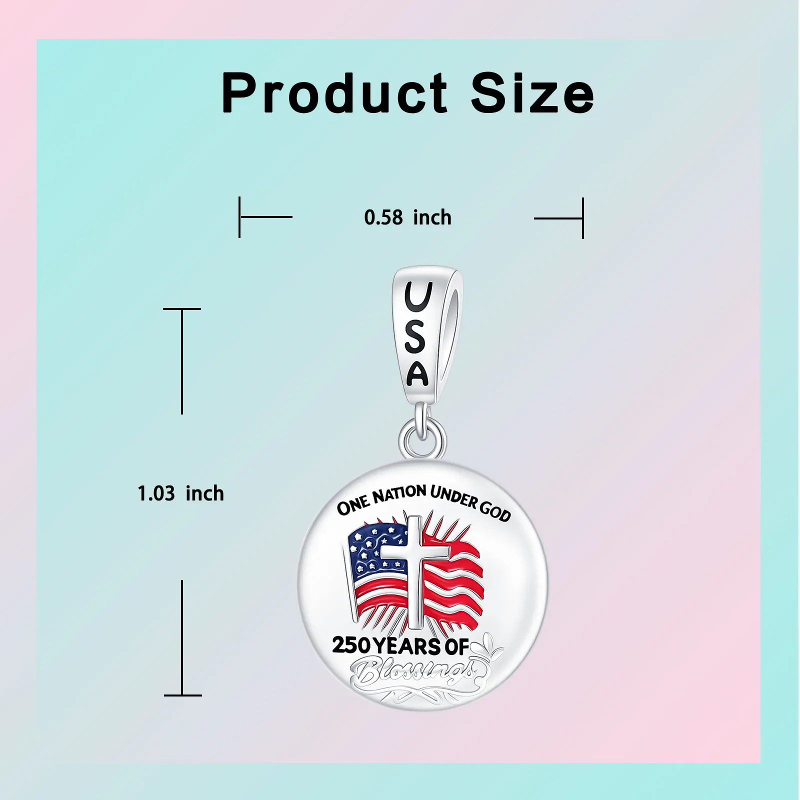 925 Sterling Silver USA 250 Years Blessing Charm One Nation Under God Cross US Flag Round Pendant Fit DIY Bracelet Jewelry Gift