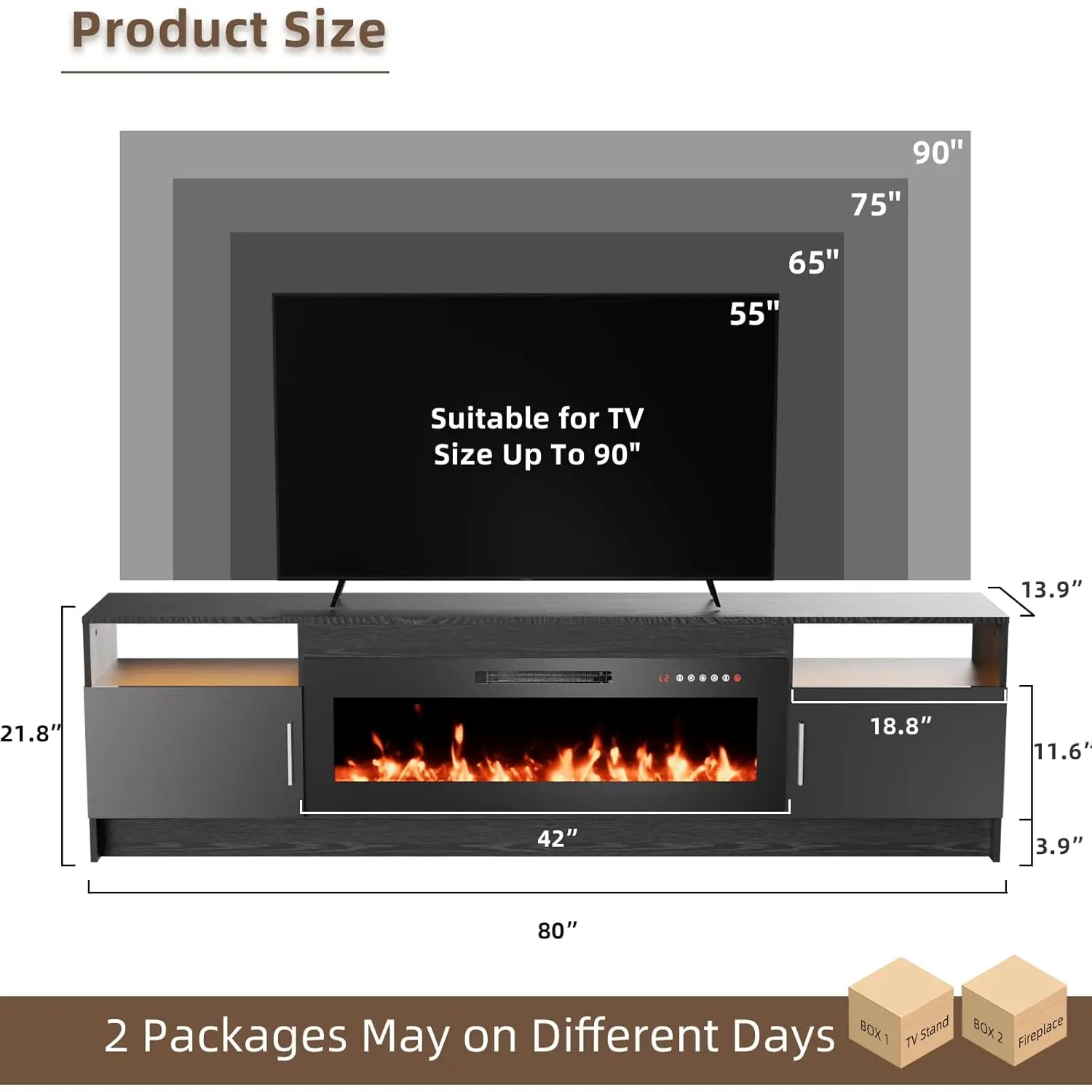 TV Stand Fireplace for 85+ inch TV, LED Entertainment Center w/ 36