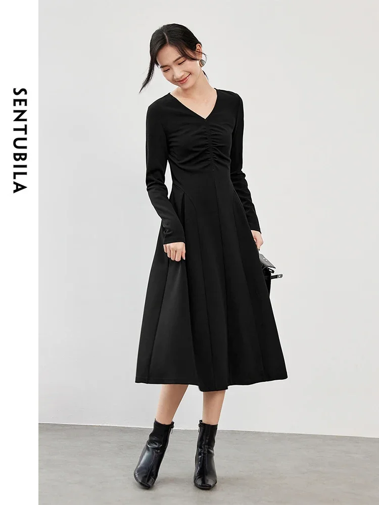 

SENTUBILA Retract Waist Knit Black Dress for Women 2025 Spring Solid Slim Fit Shirring V Neck Long Sleeve Women Dress 143L56478