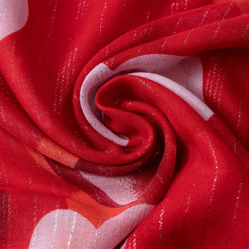 New Korean Sweet All-matching White Silk Scarf Red Love Heart Silver Silk Print Winter Warm Shawl Cotton Linen Feel Scarf Hijabs