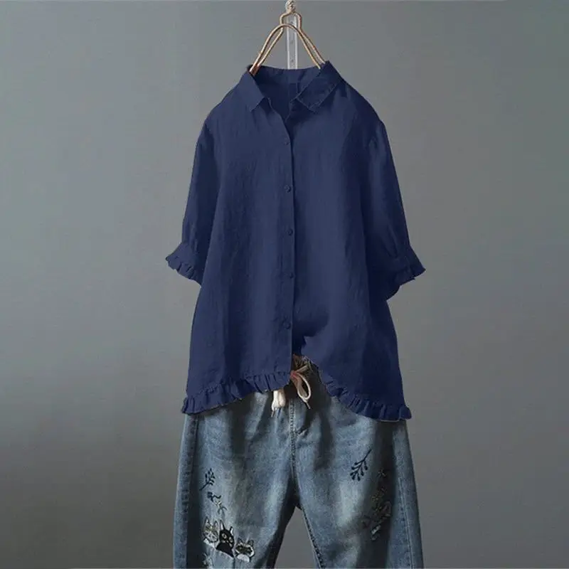 قميص نسائي صيفي نصف كم طية صدر السترة فضفاض وممتد مكشكش وزر علوي بلوزات قميص كتان من القطن الأبيض