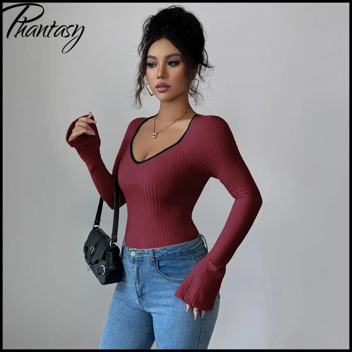 Primavera outono básico versátil pescoço quadrado manga longa camada de base feminina topo casual minimalista fino-ajuste camiseta pulôver de malha