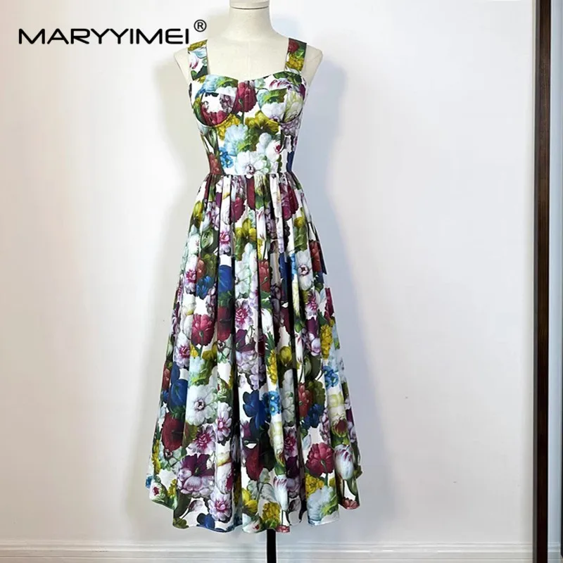 MARYYIMEI New Fashion Runway Designer Women's Printed Halter Spring/Summer Holiday Beach Flower Skirt Pure Cotton Dress