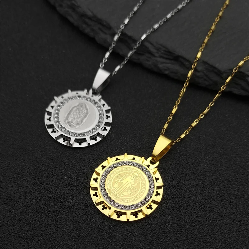 قلادة قلادة سان بنديكت للرجال والنساء ، الفولاذ المقاوم للصدأ ، لون ذهبي ، سلسلة مجوهرات سان بينيتو الدينية ، 8245-QKC