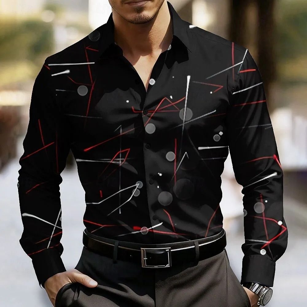 New men's fashionable geometric line printed long sleeved shirt, casual and fashionable slim fit versatile style shirt