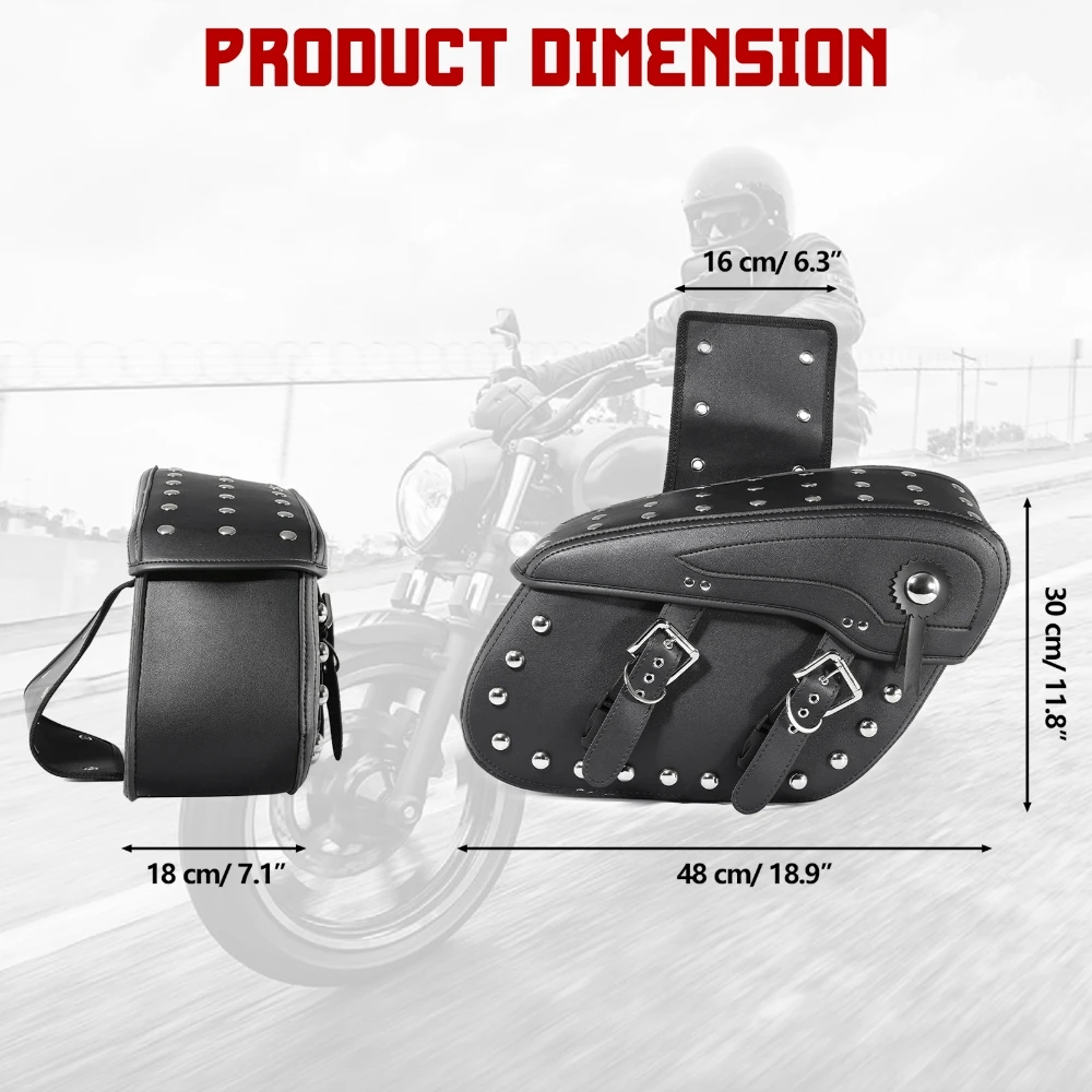 1 Pair Motorcycle Saddlebags PU Leather Rivets Universal Motorcycle Racing Tool Side Bags 43x15x26cm Large Capacity Waterproof