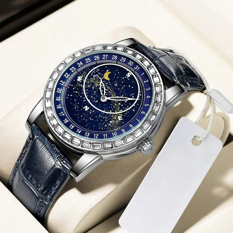 Stainless Steel Diamond Rotating Full Starry Sky Luminous Waterproof Precision Leather Strap Self-Wind Automatic Watch for Men