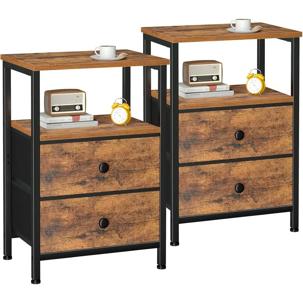 

Rustic Brown Wooden Night Stand Set, 2 Drawer Bedside Table with Open Storage Shelf for Bedroom or Living Room, Small End Tables