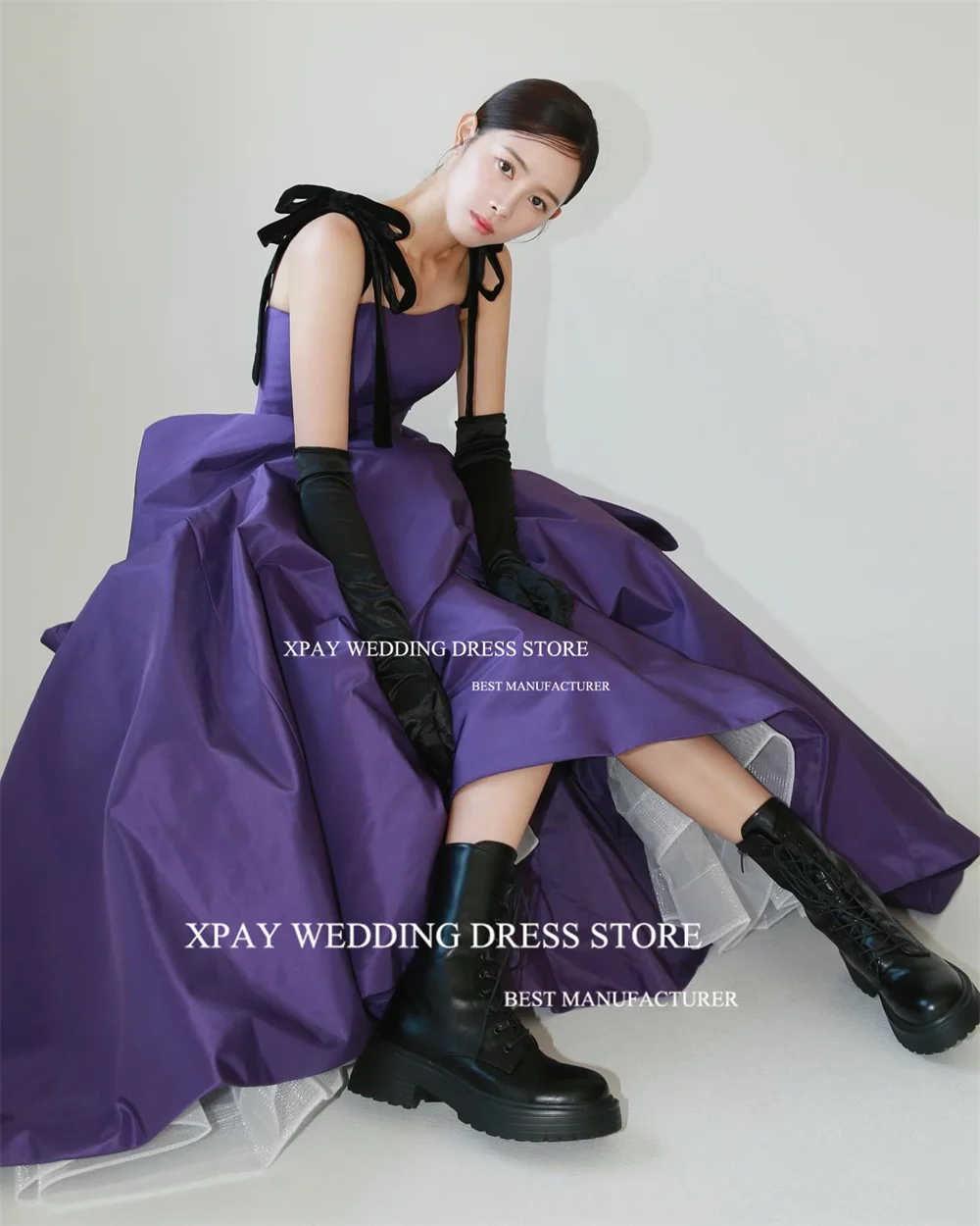 XPAY Square Neck Purple Korea Evening Dresses Customised Satin Evening Gown Photo Shoot Corset Sleeveless Birthday Party Dress