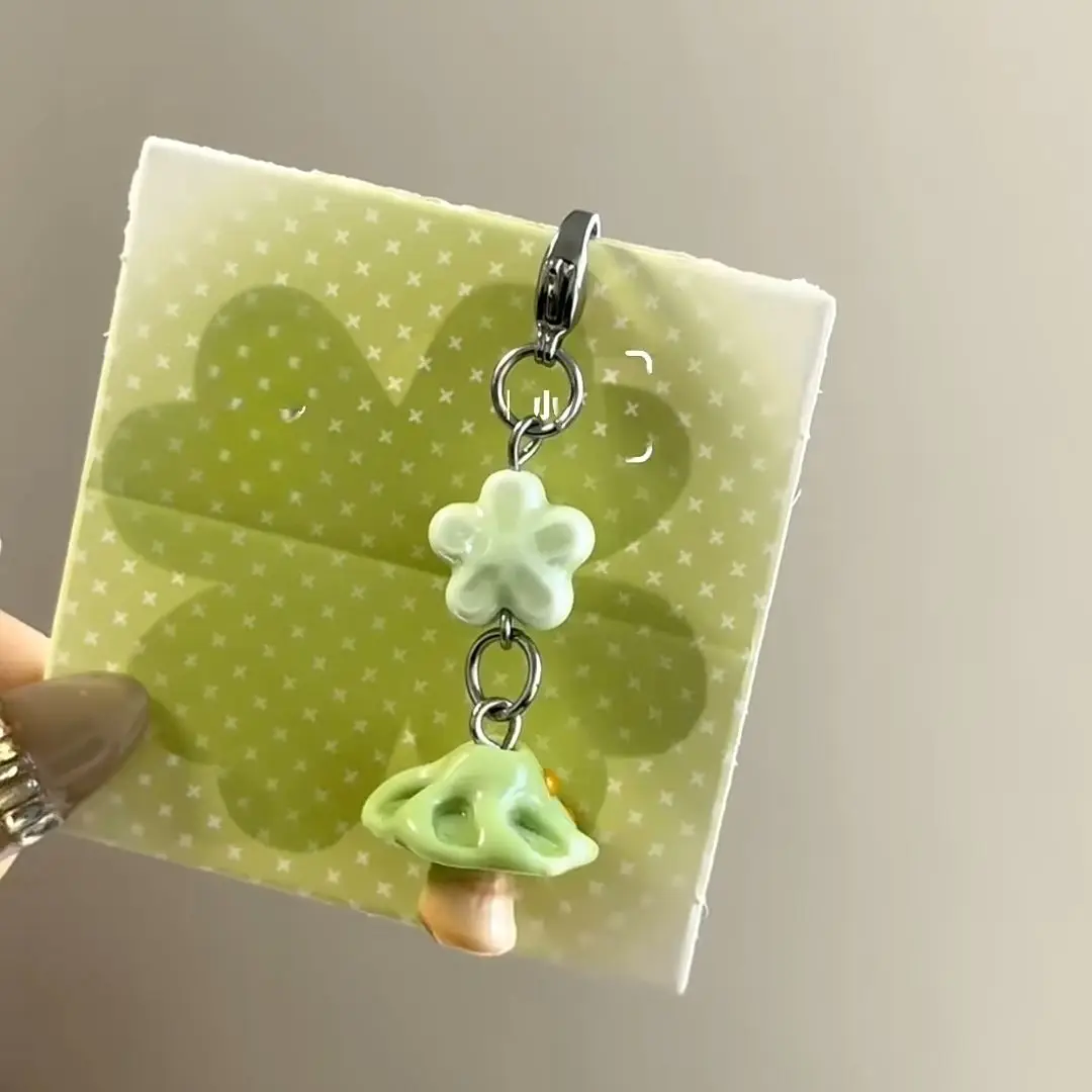 

Cute Japanese Green Mushroom Flower Phone Charm Kawaii Keychain Lanyard for Bags Wallets Journal DIY Aesthetic Accessories
