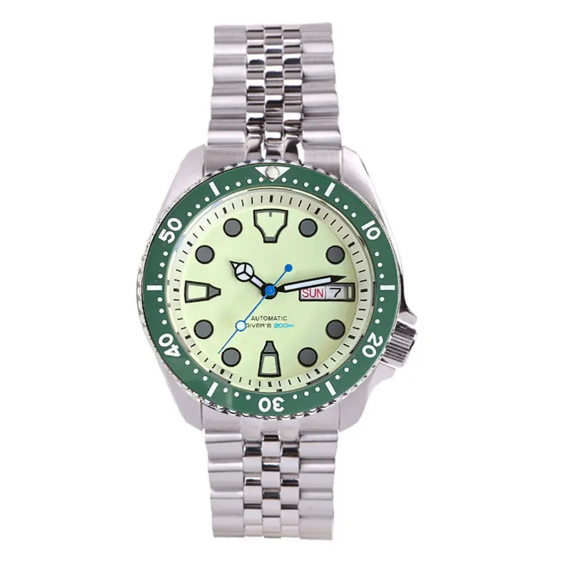 Tandorio 41mm NH36A Mechanical Men Watch 3.8 Crown Full Green Luminous Beige Dial Date/Weekday Window Jubilee Bracelet image 3