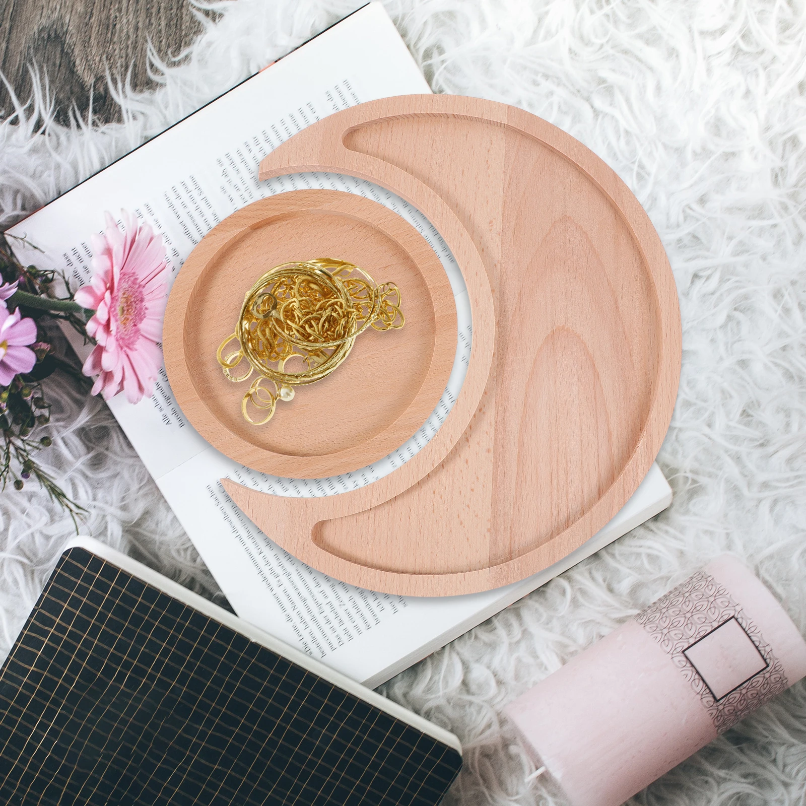 

Moon Shape Essential Oil Storage Tray Wooden Jewelry Display Plate Compact Organizer for Cosmetics Keys Stationery Versatile