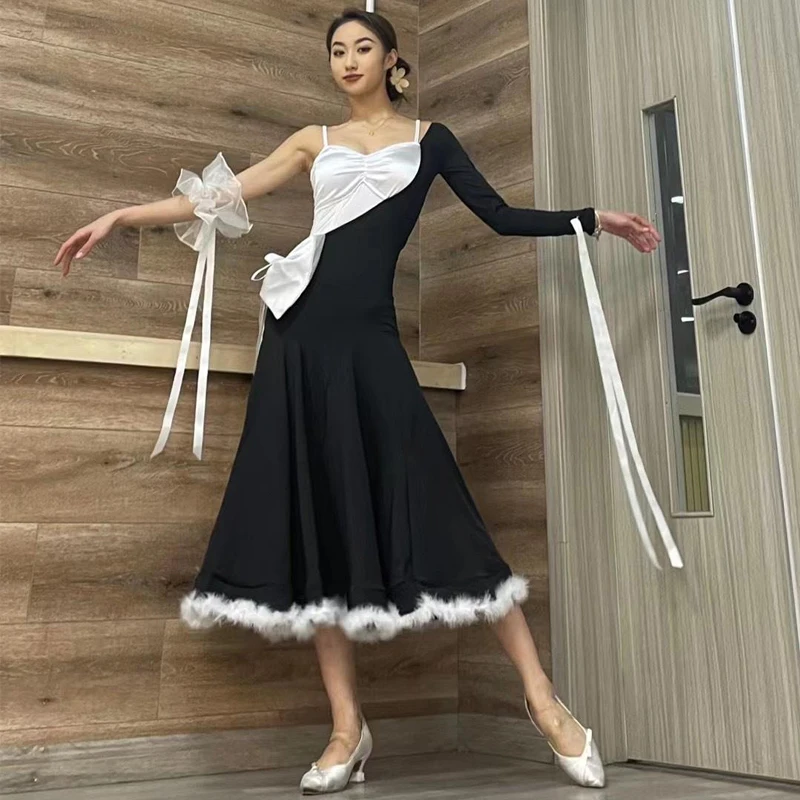 robes-de-concours-de-danse-de-salon-pour-femmes-vetements-d'entrainement-a-manches-simples-noir-et-blanc-vetements-de-danse-moderne-de-valse-nouvelle-collection