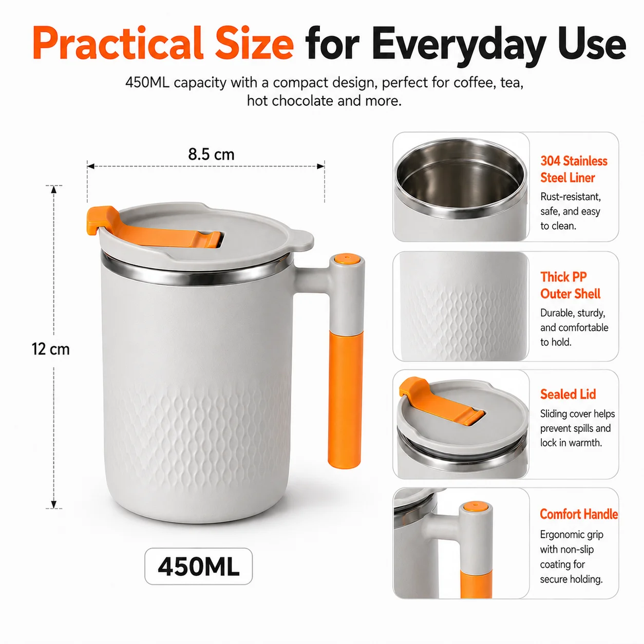 Uwhise 450ml Stainless Steel Coffee Mug With Lid Double Wall Insulated Water Cup For Office Work Hot Drinks Anti Scald Desk Cup - view 3