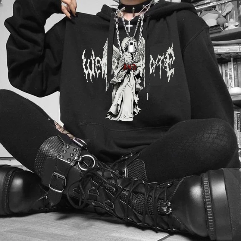 Ulzzang Demon Horror Print Harajuku Эстетическая женская толстовка Уличная одежда Винтажная толстовка в стиле хип-хоп Kawaii Goth Punk Куртка Топы