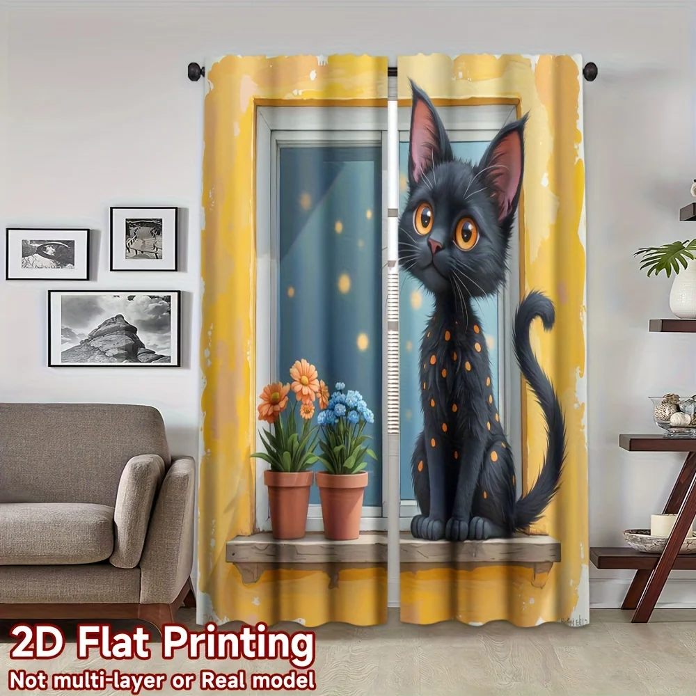 Yellow Frame Black Cat Curtain 2 Panels, Cartoon Orange Dot Kitten Potted Flower Print Yellow Background Warm Home Decor Curtain