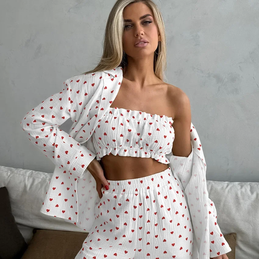 2024 Summer Women\'s Heart Print Pajama Set, Comfortable Cotton Long Sleeve Strapless Top and Pants Three-Piece Set