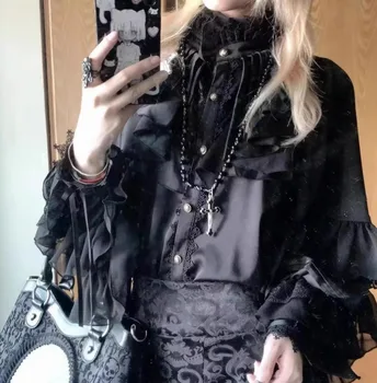 Japanese Kawaii Lolita Blouse Women Vintage Lantern Sleeve Shirt Y2k Aesthetic Lace Patchwork Tops Top Cospaly JK Loose Blusas 4