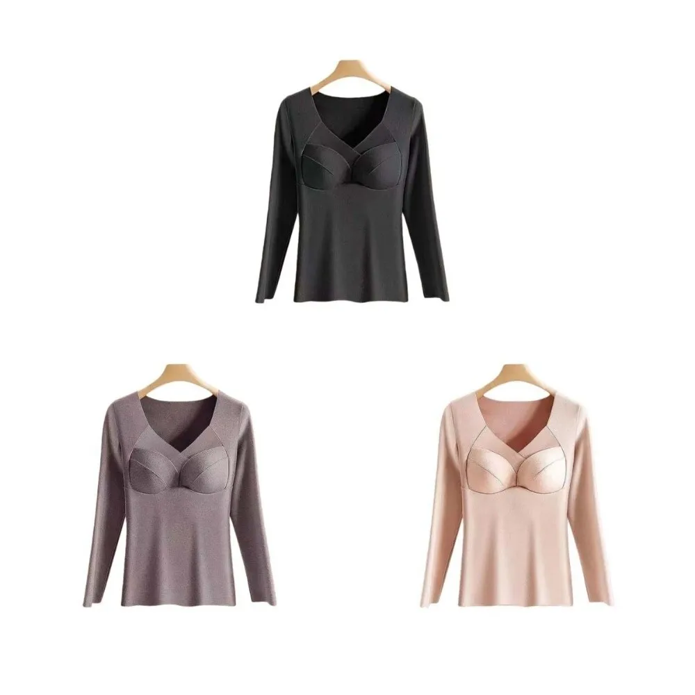 Ropa térmica para mujer con cuello en V para mantener el calor, ropa interior térmica Invisible de Color sólido, lencería, sensación de calefacción, Tops largos cálidos para mujer
