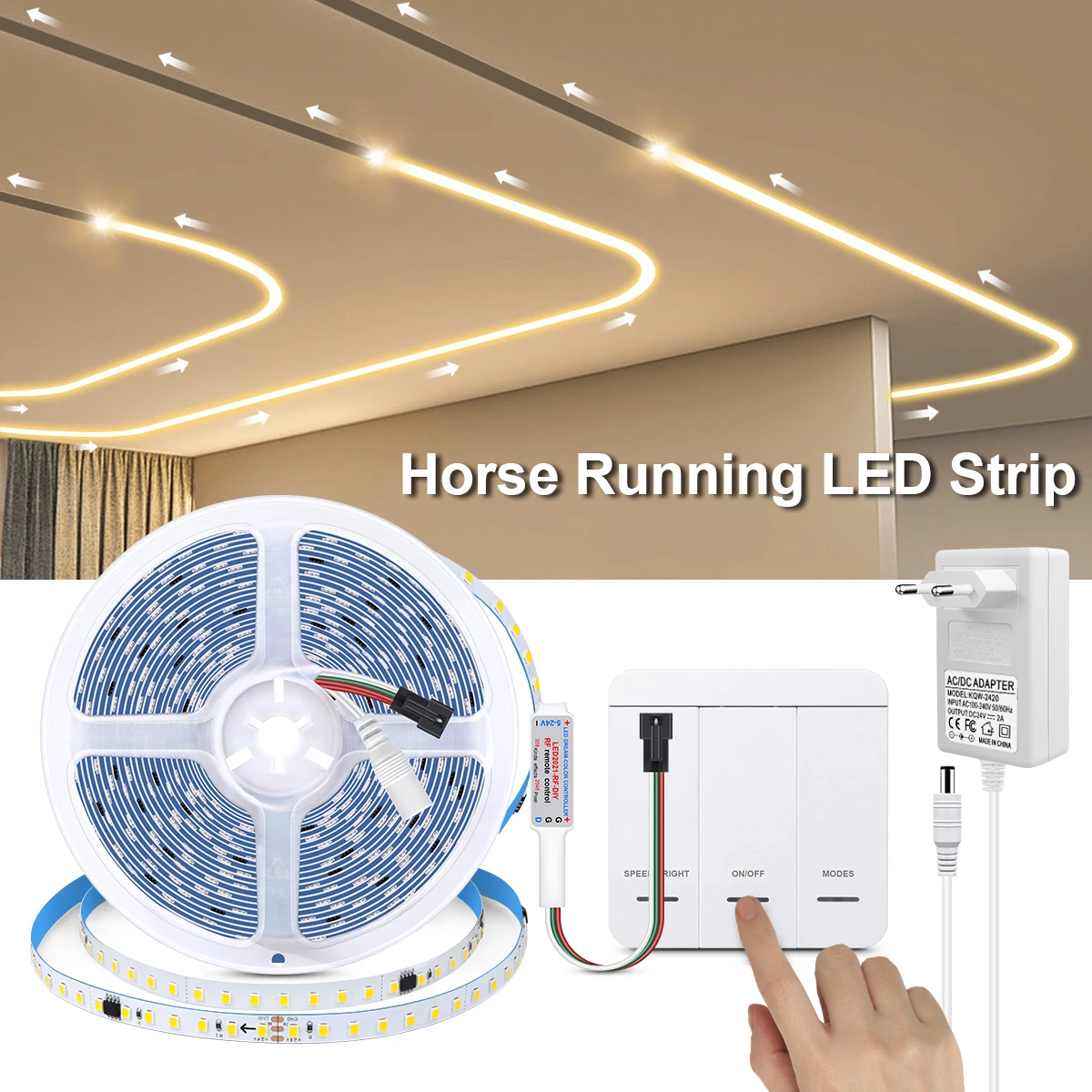 1200LEDS 10M Circular Running Led Strip Lights Chasing Lamp Adhesive Tape TV Background Desktop Night Light 110V 220V To 24V