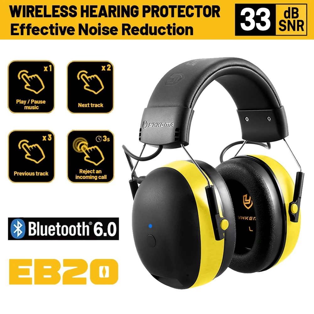 

Bluetooth 6.0 Hearing Protection Headphones 33dB SNR Safety Noise Reduction EarMuff for Shooting, Mowing, Workshops, Snowblowing