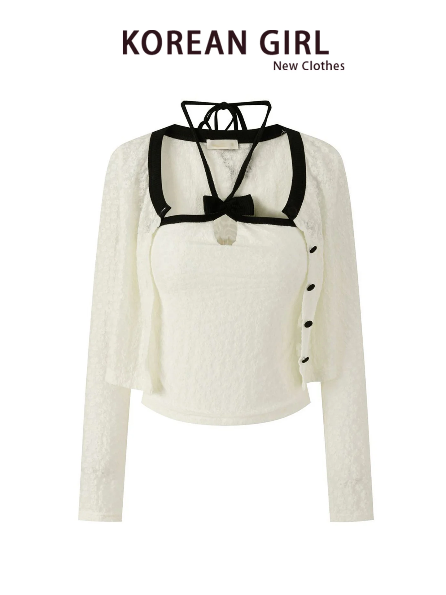 Lace Knot Long Sleeve Women's Autumn Gentle Wind Bustier Knitted Top Two-Piece Set Casual Workwear Breathable
