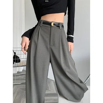 2025 Fall Winter Elegant Gray Suits Pants for Women Office Lady High Waist Wide Leg Fashion Trousers with Pockets Black Pants