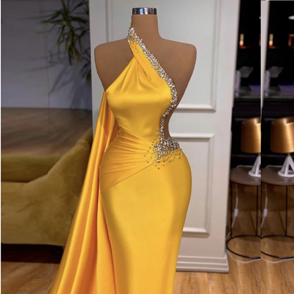 Crystal Trailing Yellow Mermaid Prom Dresses One Shoulder Slim Fit Evening Gowns Special Occasions Evening Party Cocktail Dress