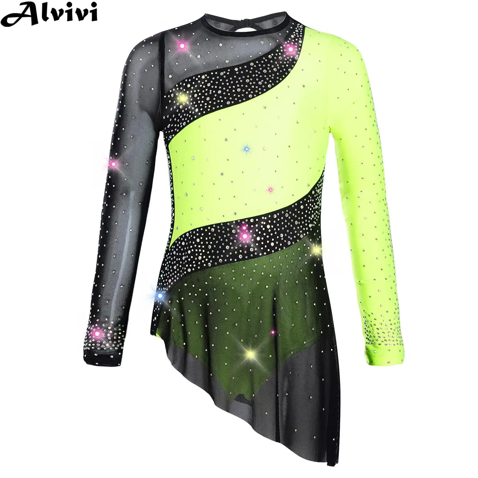 Kids Girls Figure Skating Dress Long Sleeve Shiny Rhinestone Sheer Mesh Leotard Tutu for Lyrical Dance Gymnastics Acrobatics