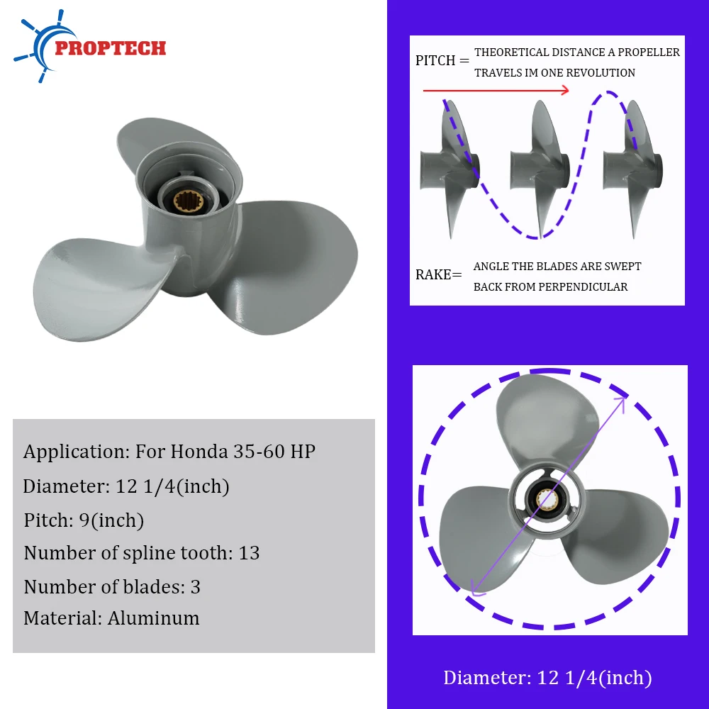 Outboard Propeller 12 1/4X9 Fit Honda Engines 35HP 40HP BF45 BF50 BF60 Aluminum Marine Boat 13 Tooth Spline 3 Blades