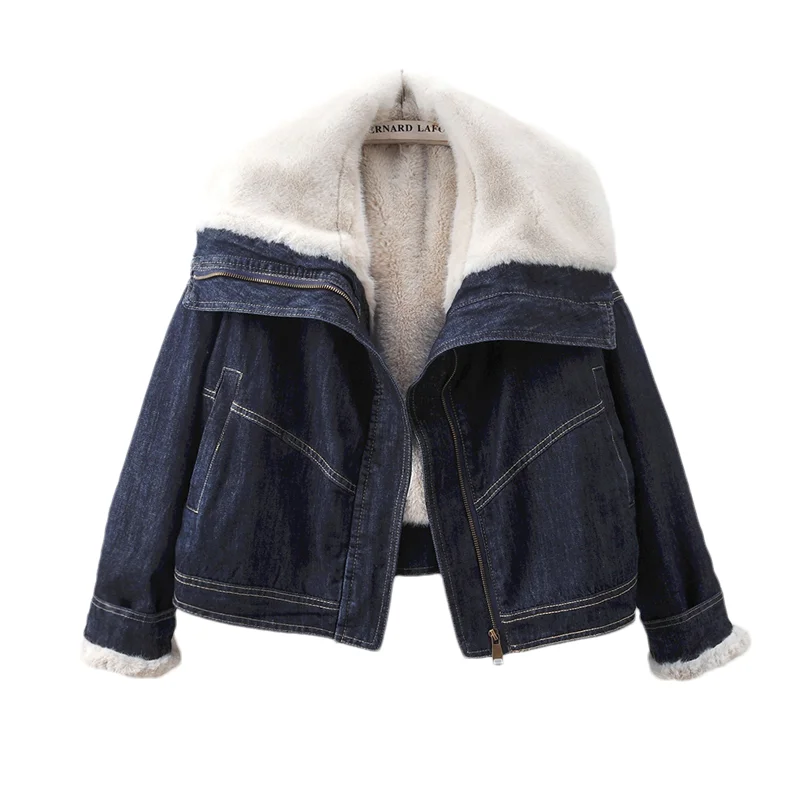 

Winter New Thick Warm Beige Coffee Color Faux Rabbit Fur Liner Denim Jacket Loose Big Lapel Long Sleeve Cowboy Outerwear Female
