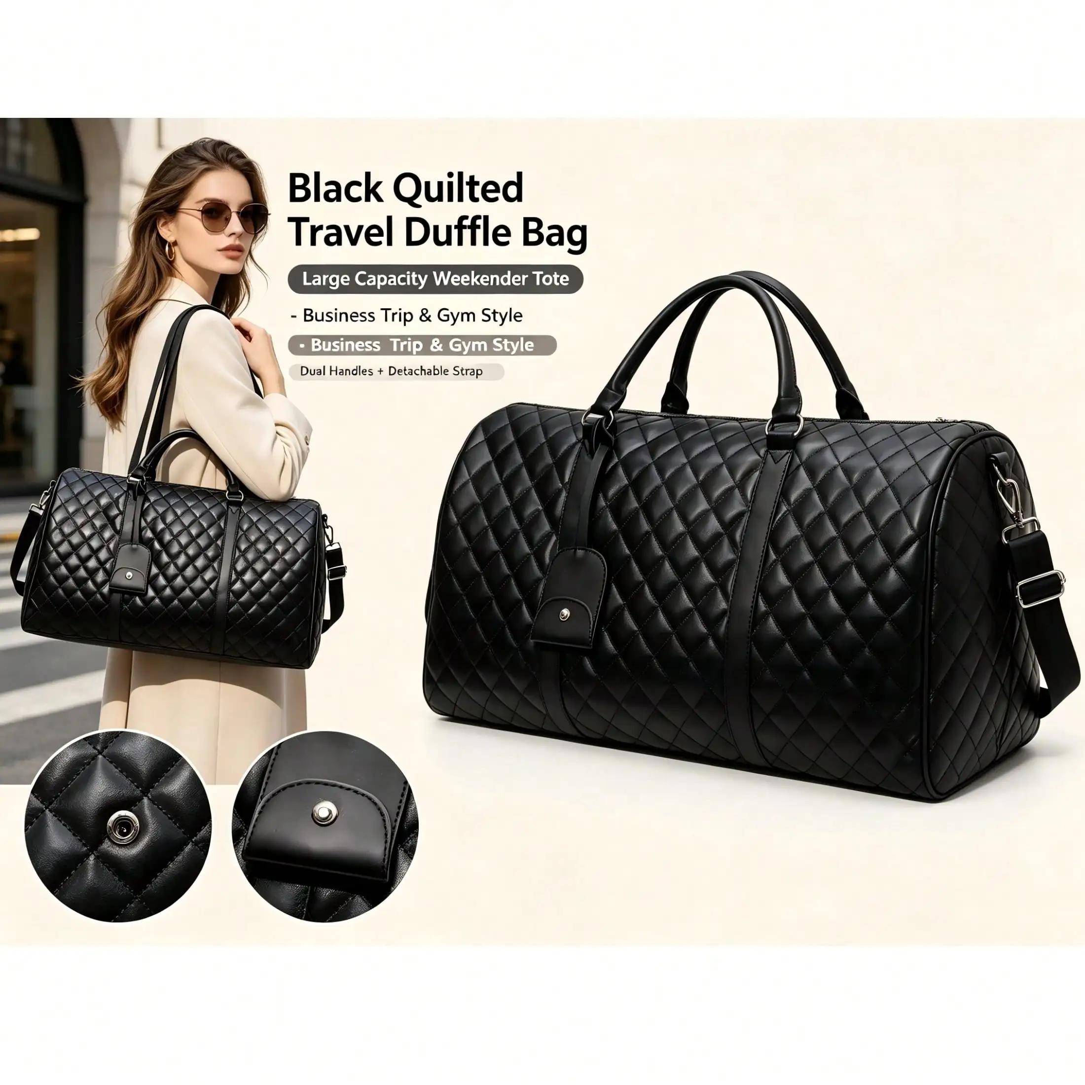 Black Diamond Quilted PU Leather Travel Duffle Bag For Men Women, Large Capacity Weekender Overnight Carry On Luggage, Top Handle Gym Sports Shoulder