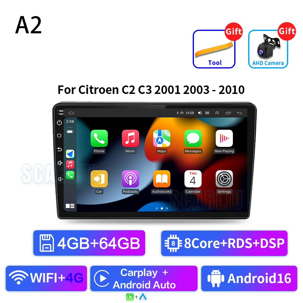 SISCL Android Auto Carplay Voor Citroen C2 C3 2001 2003-2010 Autoradio Multimedia Video Player WiFi GPS Navigatie DSP Stereo