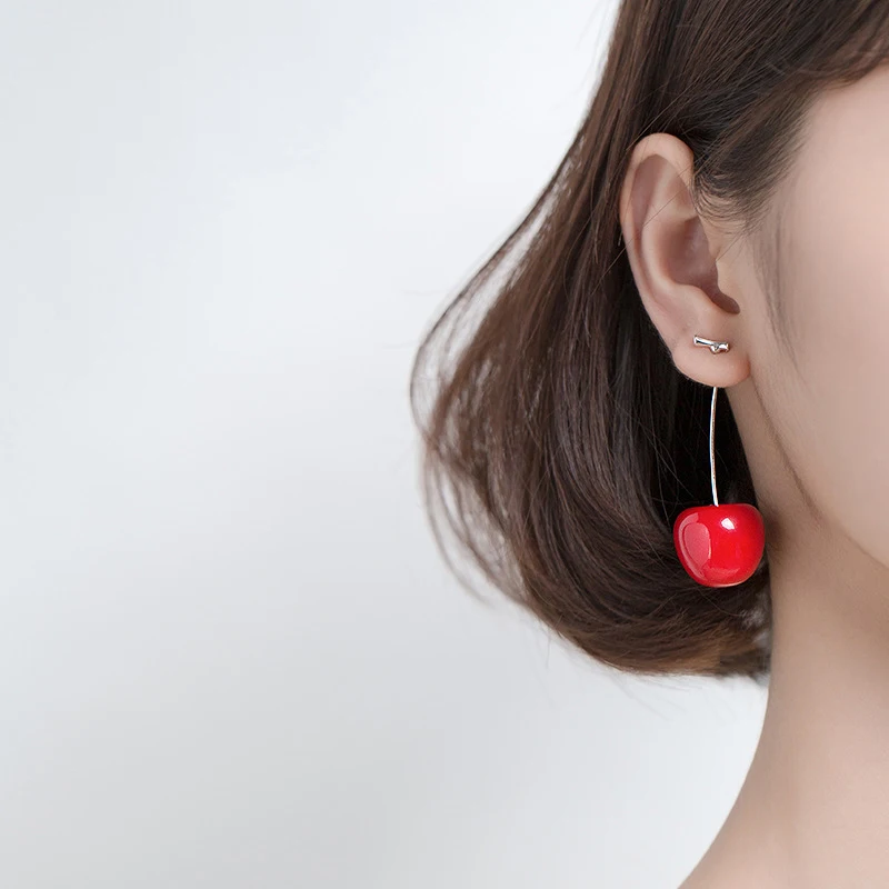 Modian Fruit Long Chain Earring for Women Fashion Genuine 925 Sterling Silver Cute Red Cherry Dangle Earring Fine Jewelry Bijoux