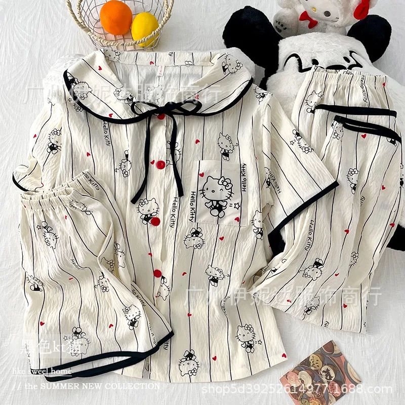 

Anime Cartoon 3Pcs Set 2026 Summer Cloud Cotton Round Neck Doll Neck Short Sleeve Shorts Girls Pajamas Home Clothes Hello Kitty