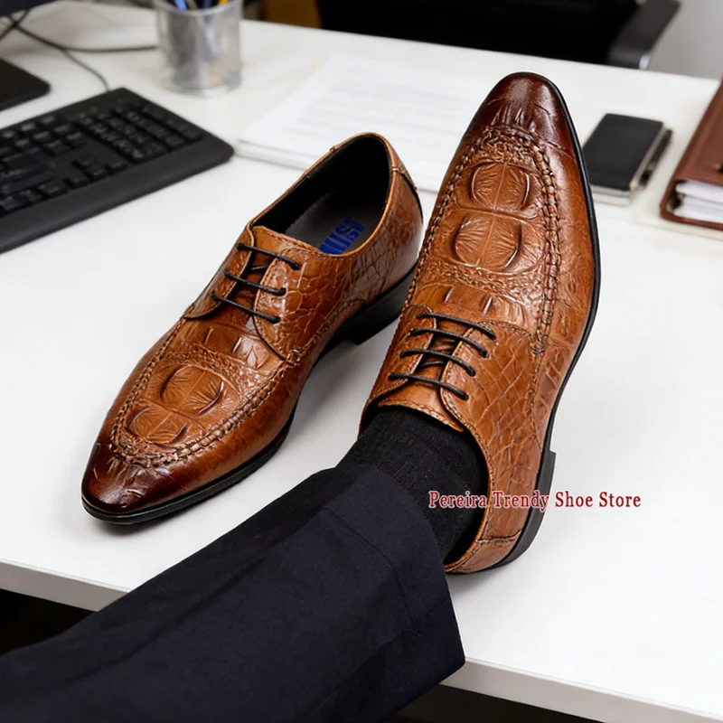 Crocodile Patterned Men's Shoes British Style Trendy Brown Cowhide Pointed Toe Genuine Leather Banquet Business Dress Shoes