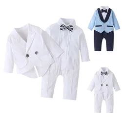 Conjunto de ropa para bebé, traje de bautizo para niño pequeño, mono inglés de invierno y abrigo, esmoquin, color blanco y negro