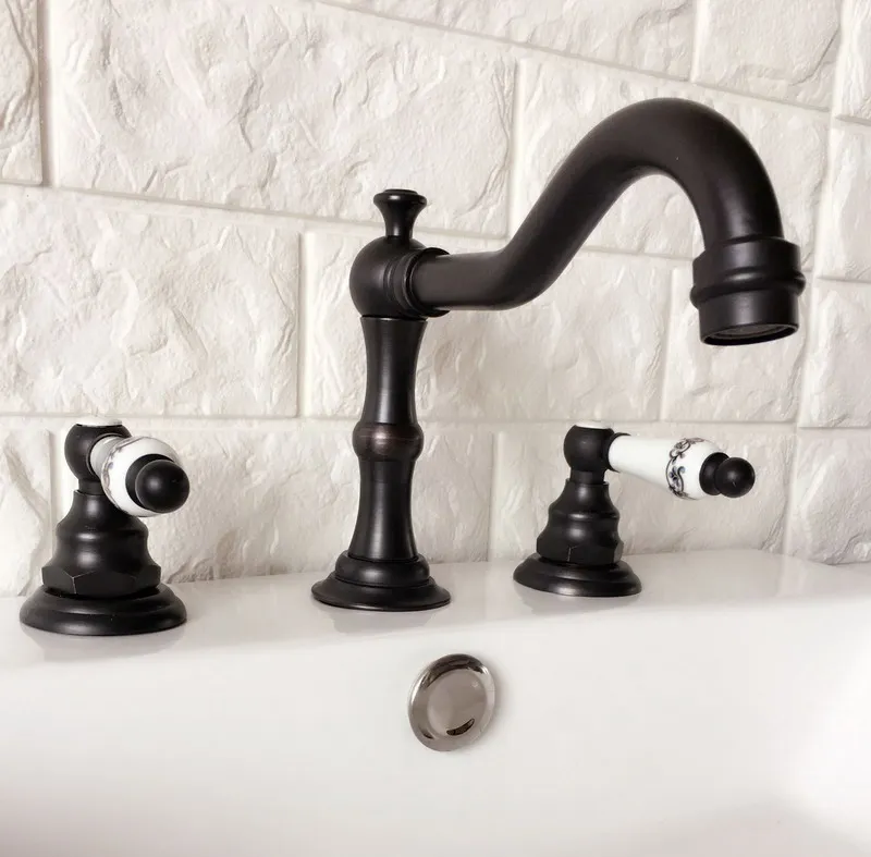 

Widespread Double Ceramic Lever Knob Oil-Rubbed Bronze Faucet Bathroom 3 Holes Lavatory Basin Mixer Washroom Tap Dhg067