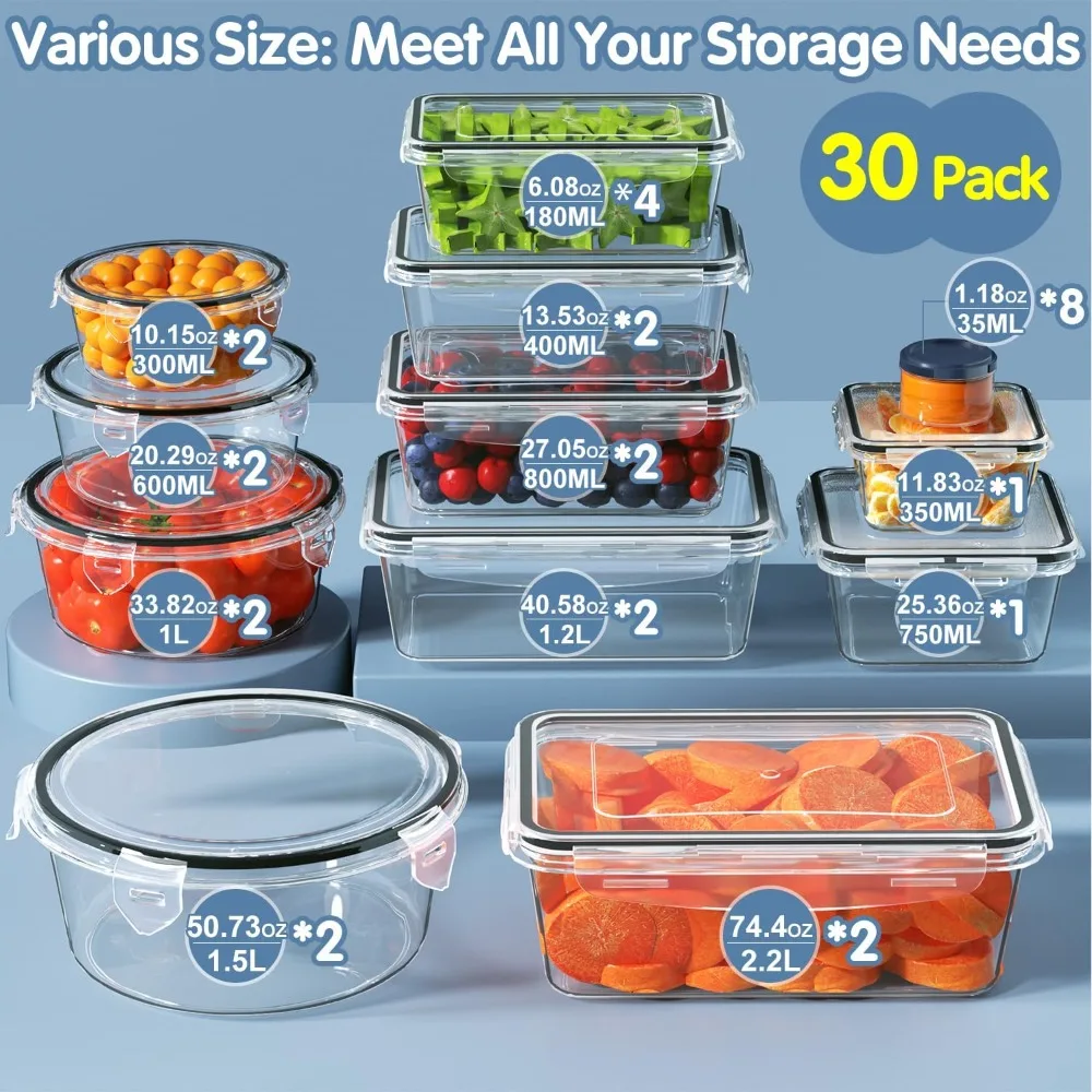 60-Piece Large Food Storage Containers Set - BPA-Free Plastic with Lids Airtight for Kitchen Storage and Organization Reusable