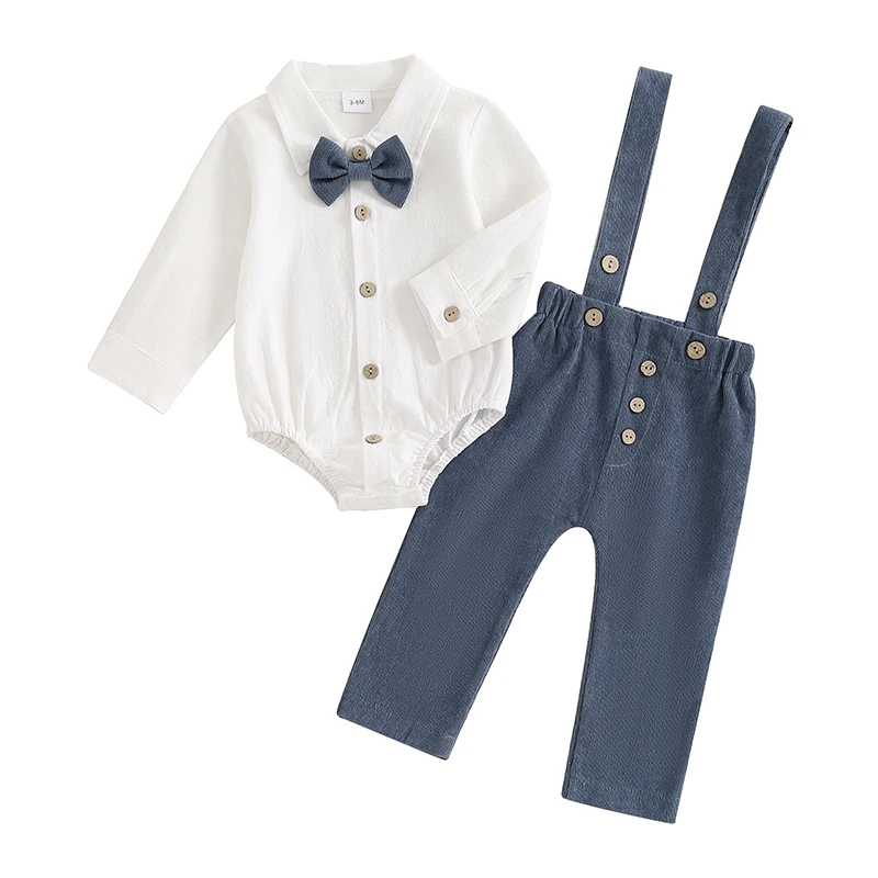 

2-Piece Baby Boy Set Button-up Bow Tie Long Sleeve Lapel Neck Romper Corduroy Long Overall Pants Outfits