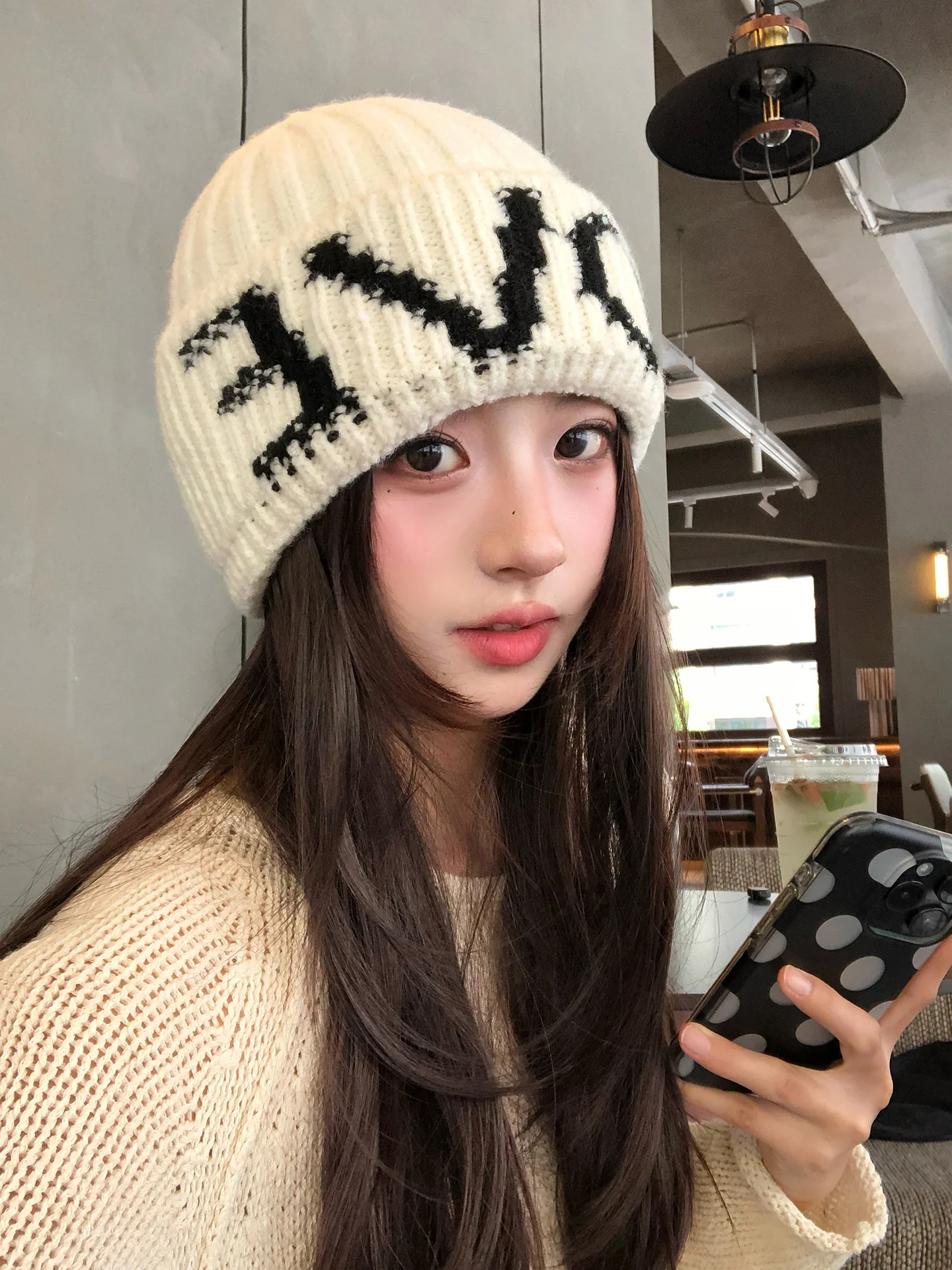Korean Style Simple Letter Knitted Hat Women's Autumn Casual Versatile Bare Face Small Face Effect Cold Cap Large Head Size