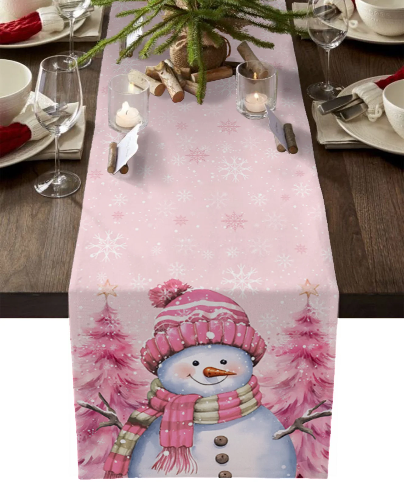 

Christmas Snowman Pink Christmas Tree Table Runner Wedding Party Decor Table Runner Christmas Dining Table Decor Tablecloth