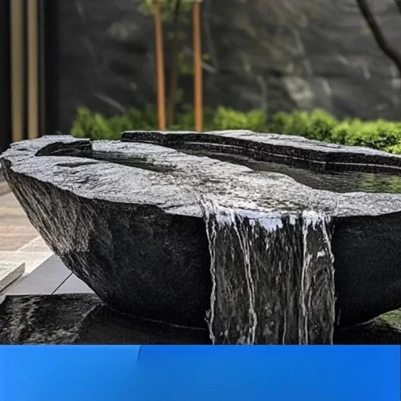 W23-Black Mountain stone water bowl basin courtyard Chinese fountain stone carving water fountain garden  water feature