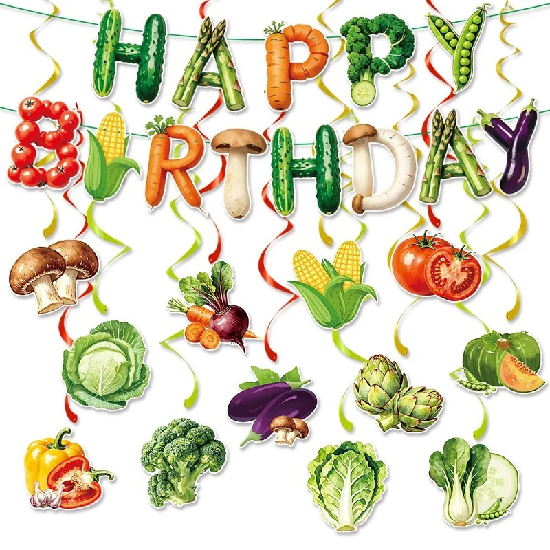 Guirnalda colgante en espiral para jardín exterior con motivos de vegetales de granja: zanahoria, tomate, champiñón, repollo, espárrago, pepino. Ideal para cumpleaños.