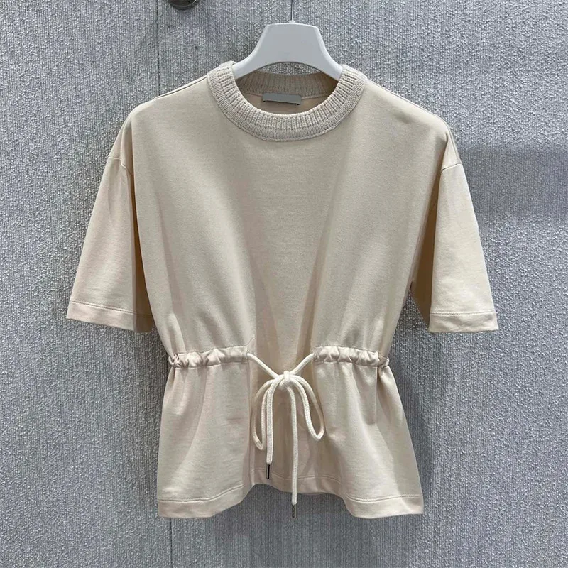 

Dark blue, cream yellow waistband with adjustable stretch drawstring knitted ladies' round-neck t-shirt 2573110
