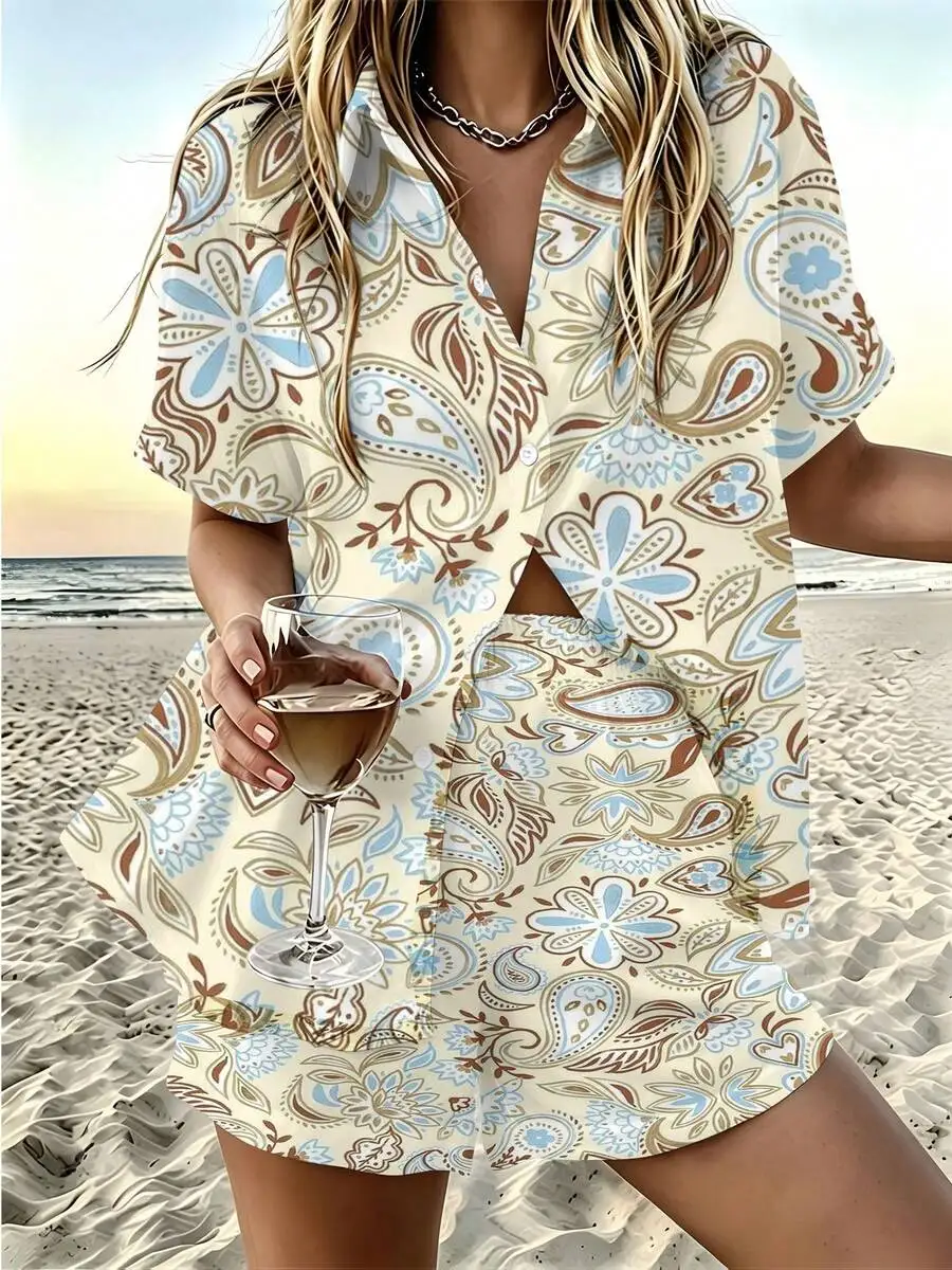 

Casual Boho Floral Paisley Print Women Short Sleeve Shirt And Shorts Set Summer Beach Outfit